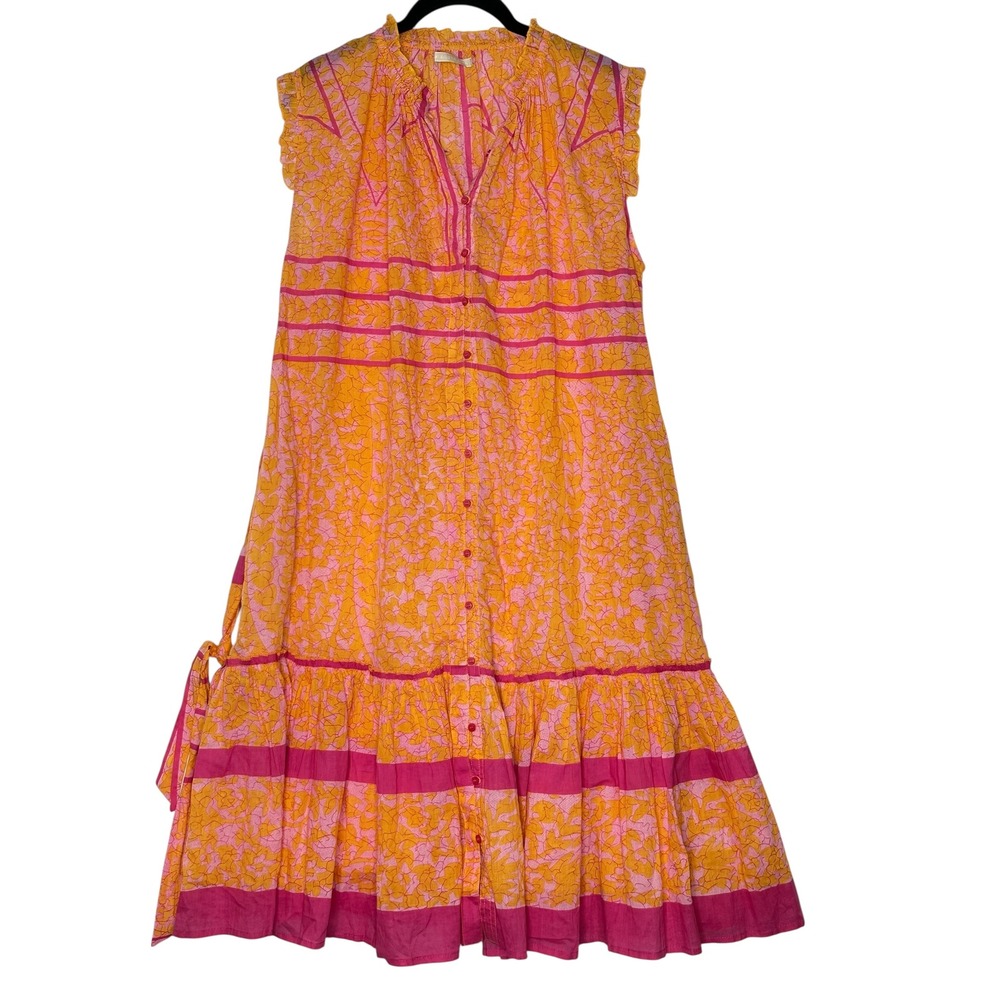 Lola Australia Womens Tiered Cotton‎ Dress Small Belted Button Front Boho Flowy